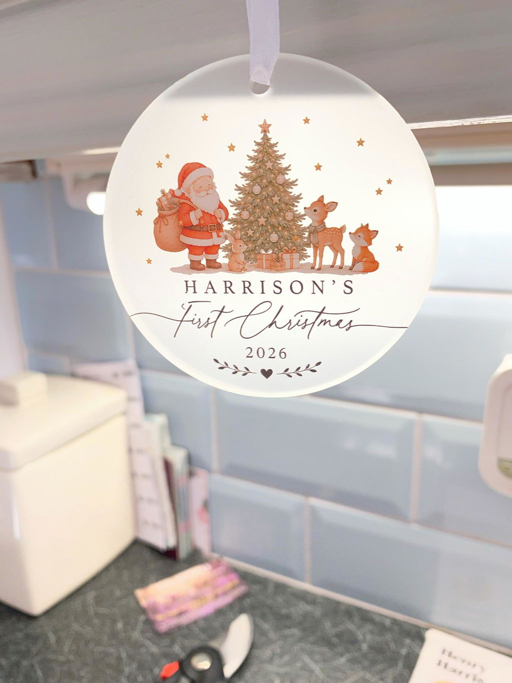 Personalised Santa Woodland Baby’s First Christmas Bauble Frosted Acrylic Ornament