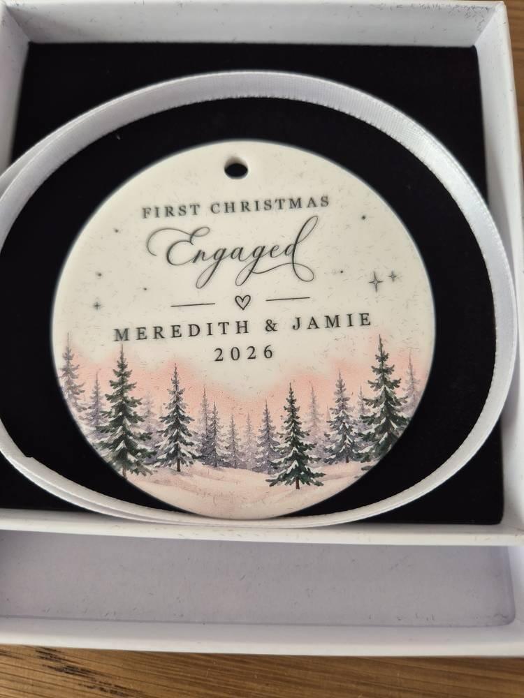 Personalised Wood Forest Theme First Christmas Engaged Bauble
