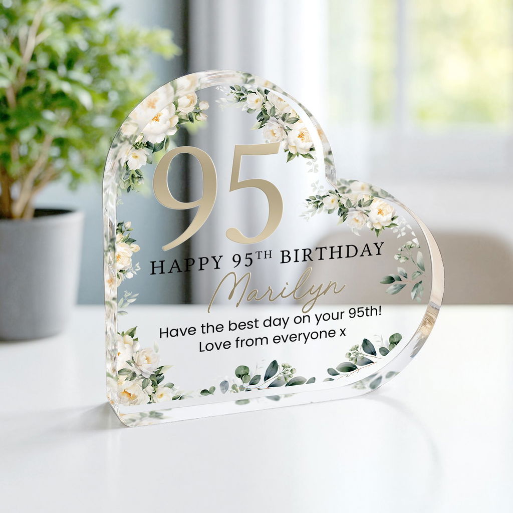 Personalised Happy 95th Birthday Gift Plaque - Floral Cream Flowers Frame