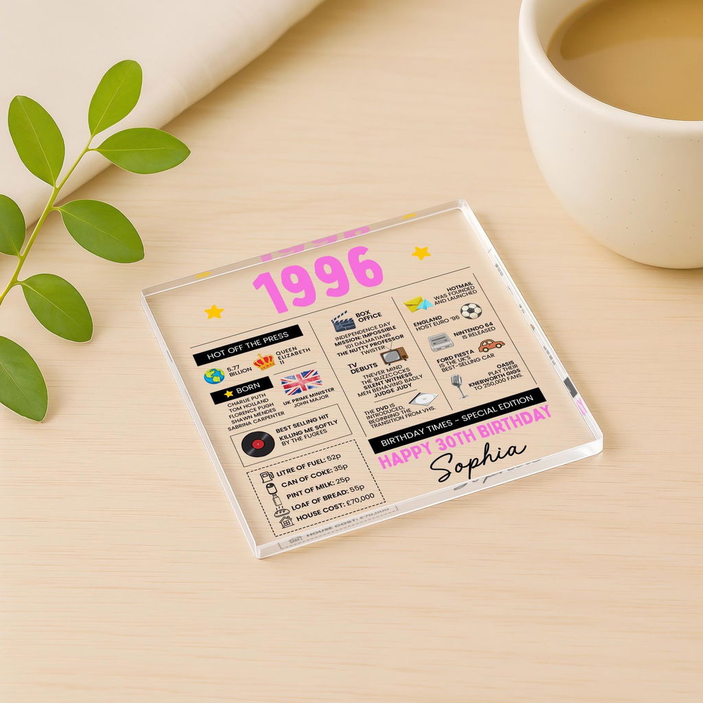 Personalized 30th Birthday Acrylic Coaster Fun Facts Born in 1996 Gift