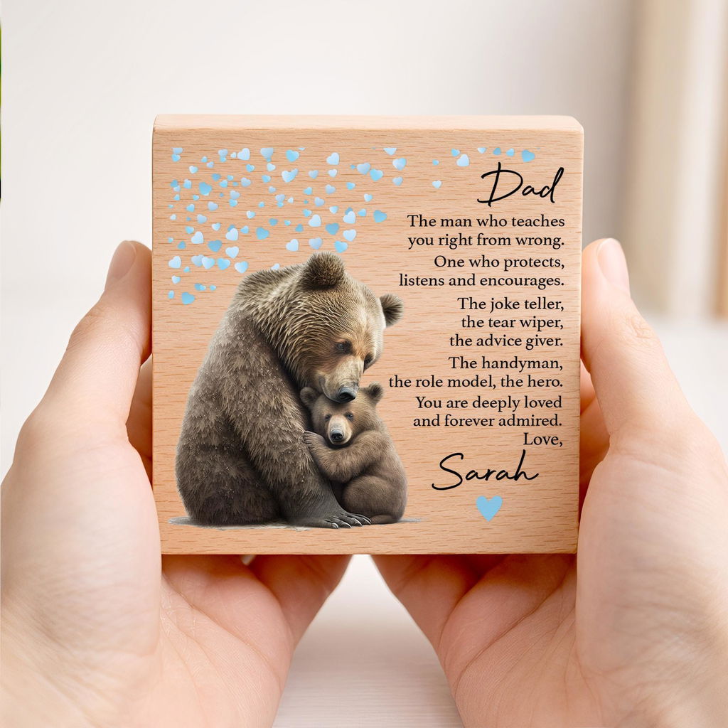 Personalised Dad Bear Family Wooden Father's Day Keepsake Frame Block
