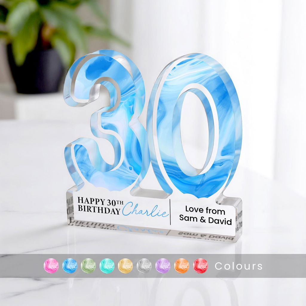 Personalised Freestanding Number Block 30th Birthday Gift Plaque - Marble Print