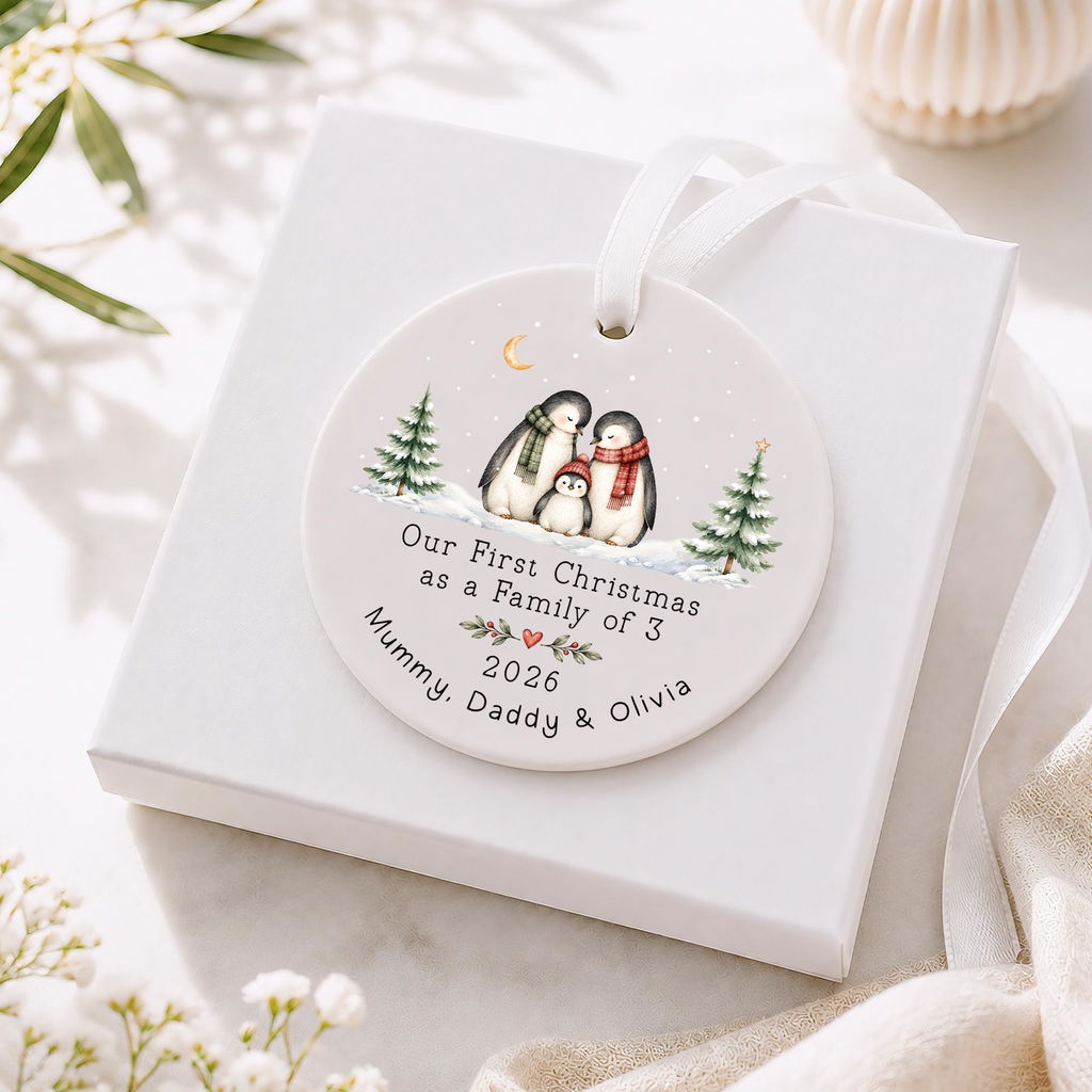 Personalised First Christmas as a Family of 3 Bauble - Penguin Ceramic Decoration