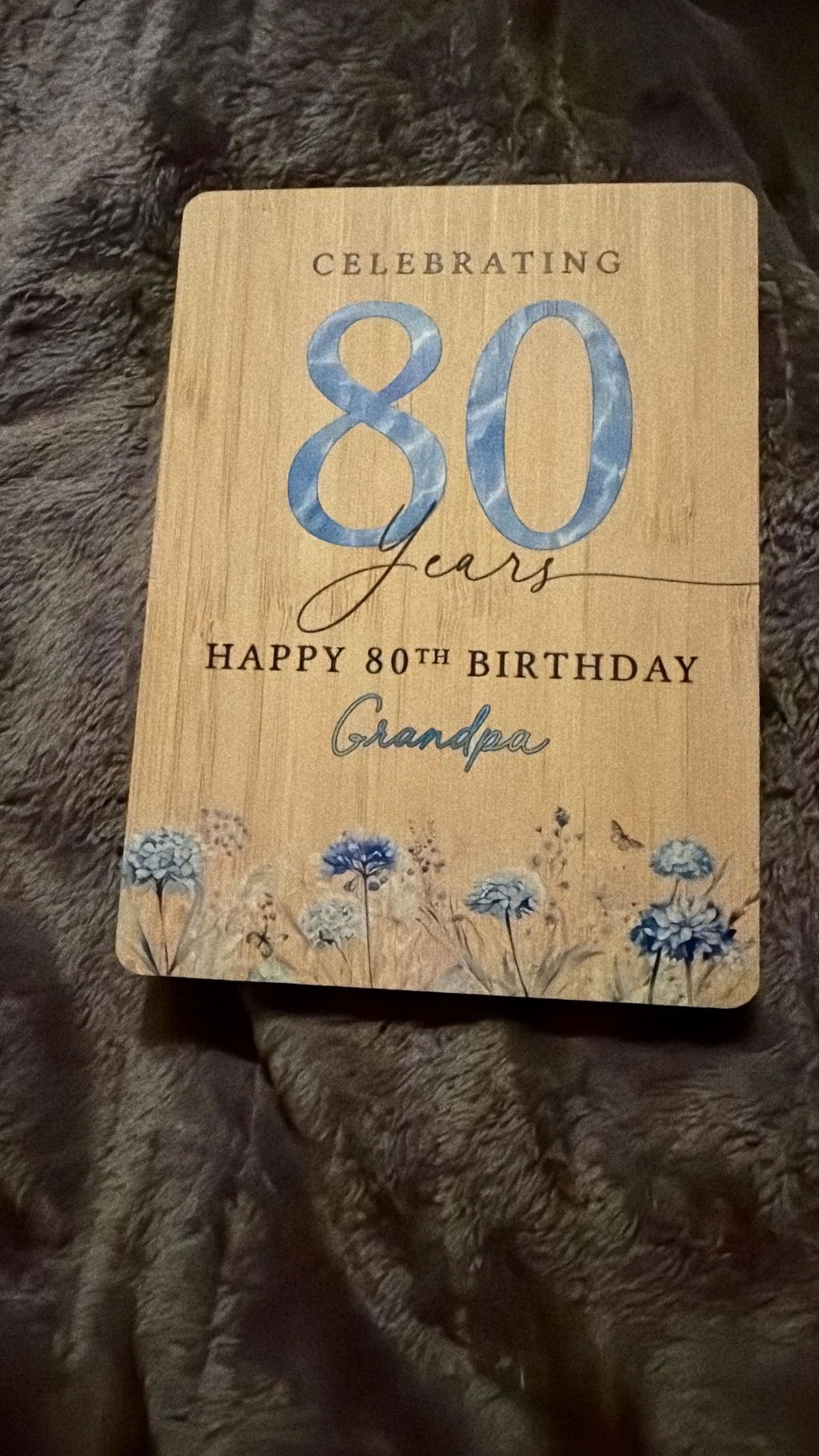Personalised Blue Flower 80th Birthday Card Wooden Keepsake