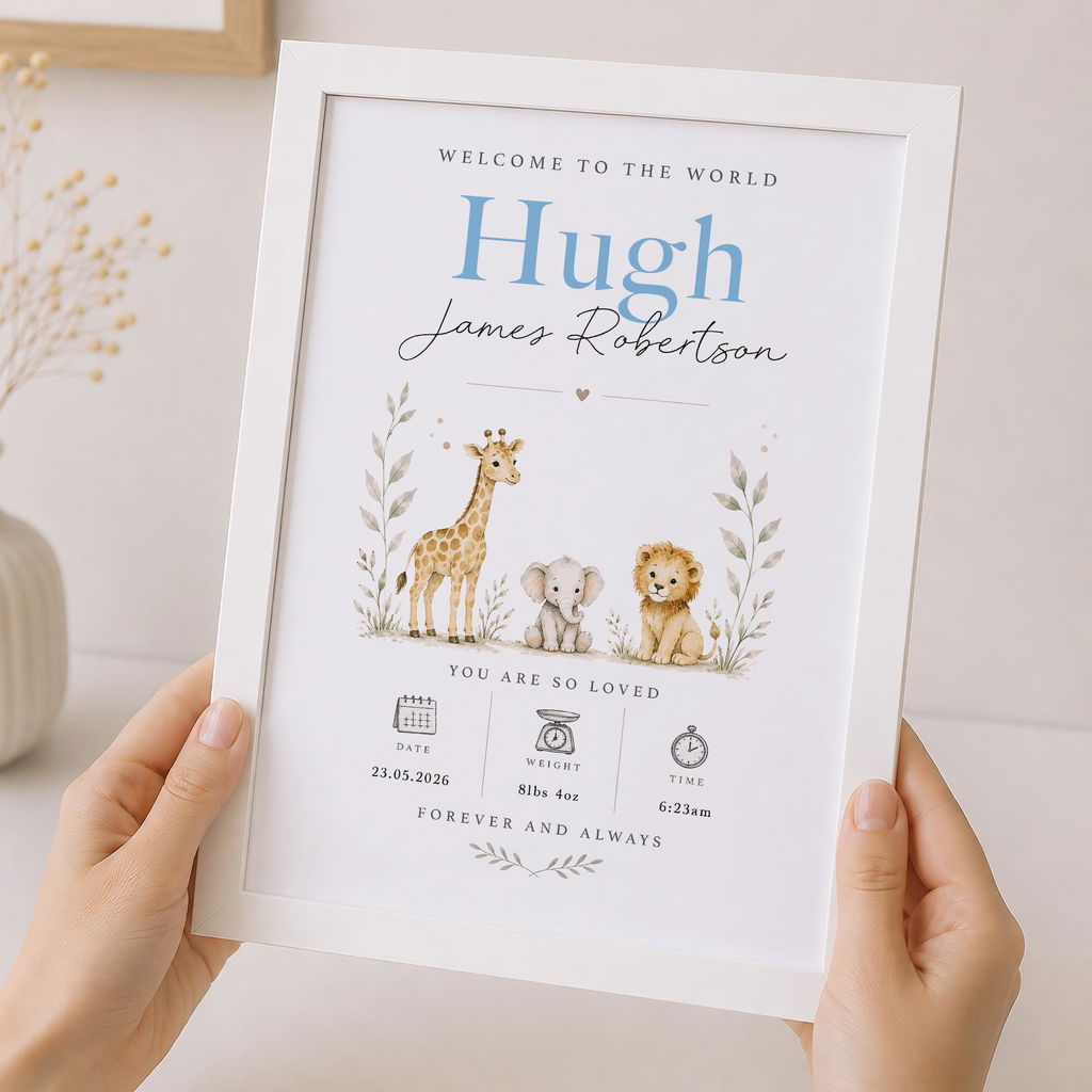 Personalised New Baby Safari Jungle Animals Birth Details Framed Print