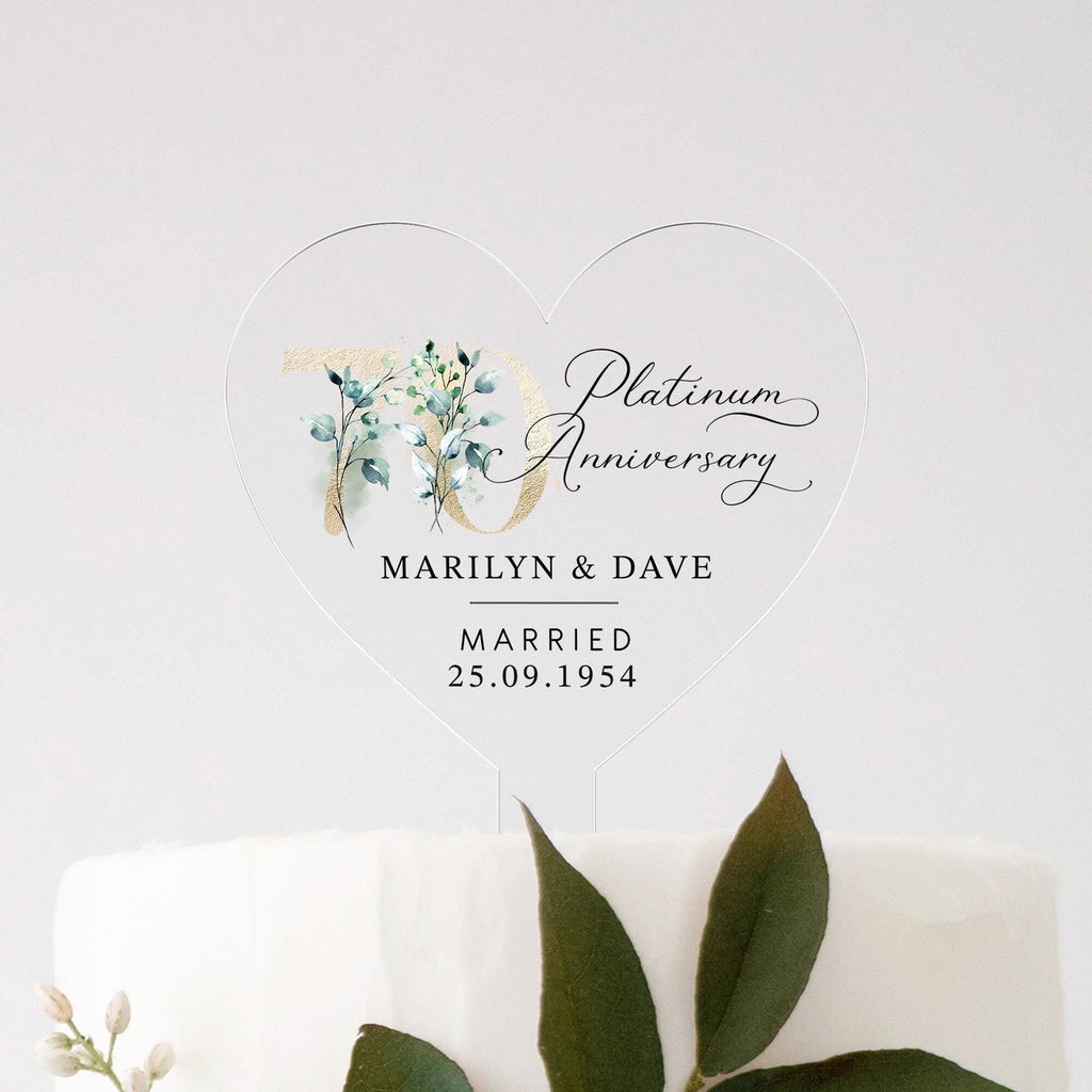 Personalised 70th Platinum Anniversary Heart Cake Topper