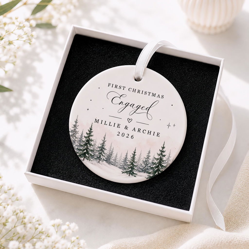 Personalised Wood Forest Theme First Christmas Engaged Bauble