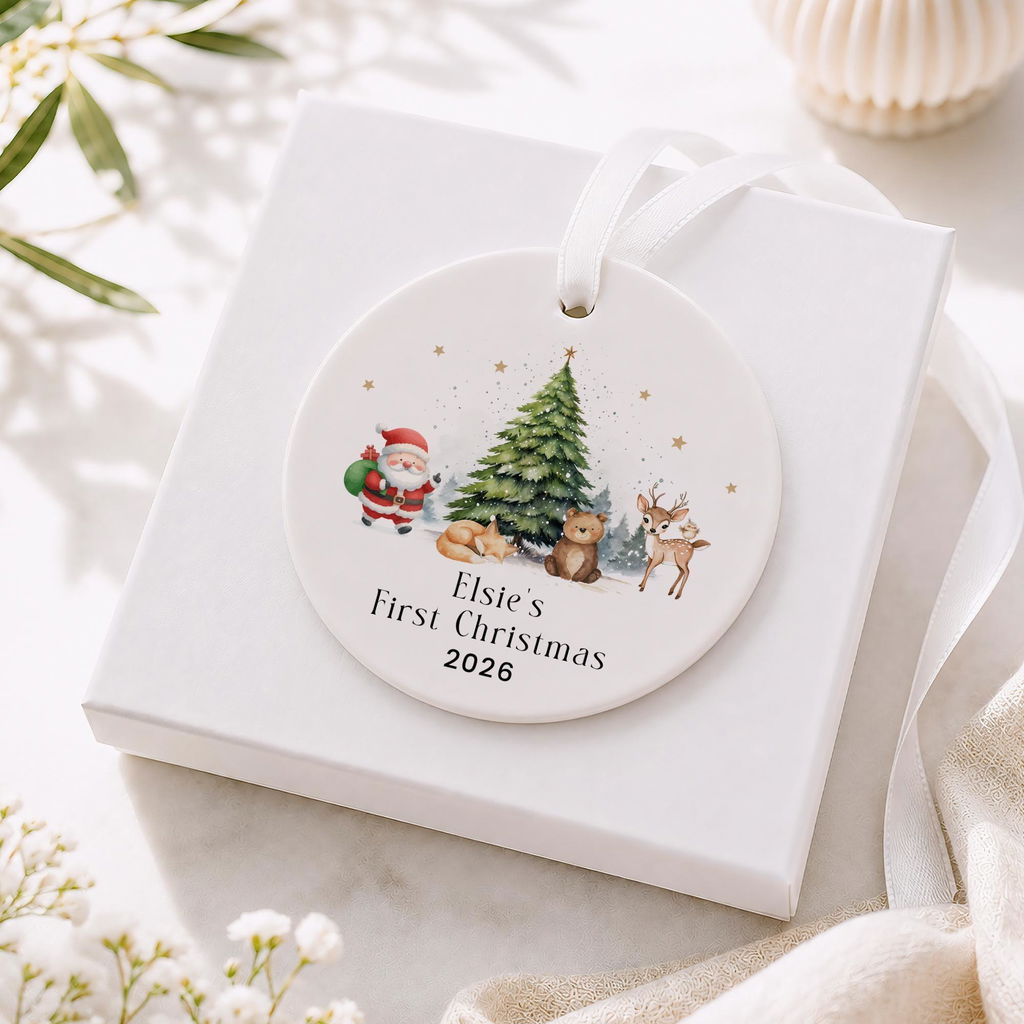 Personalised Woodland Animals Santa Baby's First Christmas Decoration