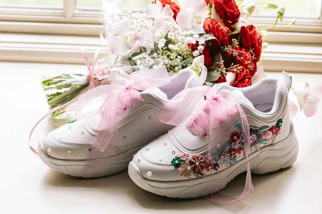 FUNKY N TRENDY “Pastel Garden Handcrafted Sneakers – Floral Magic” with customized wedding date / name initials
