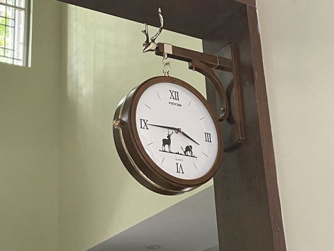 FunkyDecors Luxury Look Deer Brown White Round Wall Hanging Double Sided 2 Faces Retro Station Wall Clock