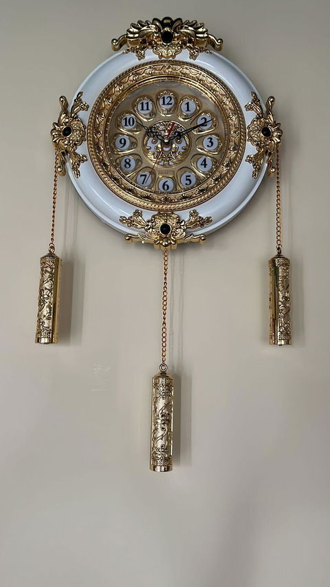 FunkyDecors Royal Designer Gold Plated White Premium String Hanging Wall Clock for Home Office Decor 55 cm Tall