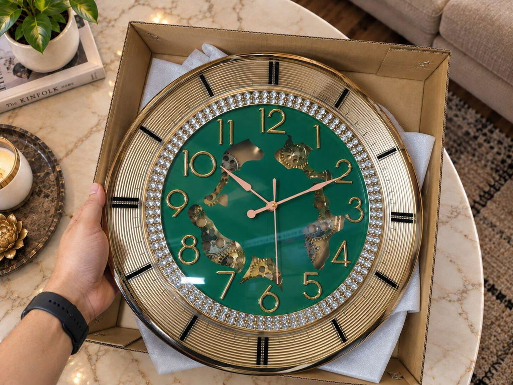 Luxury Gold Wall Clock with Crystal Ring Gear Working | Silent Quartz | 16 Inch Designer Wall Clock