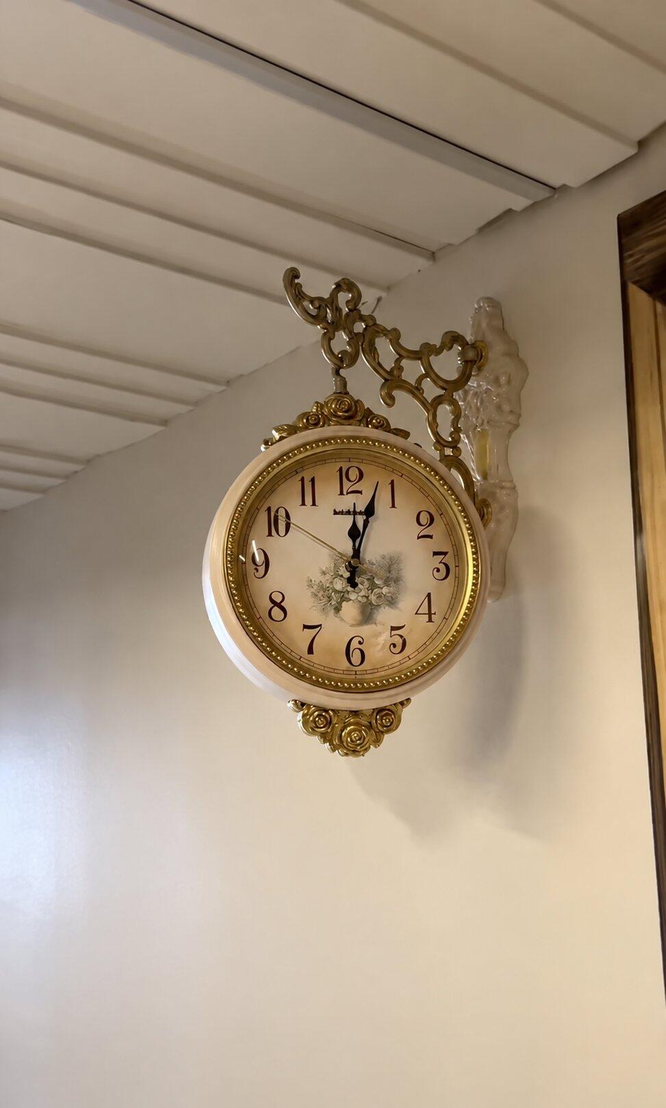 Ivory White Antique Double-Sided Wall Clock – Roman & Arabic Numerals, Ornate Gold Design