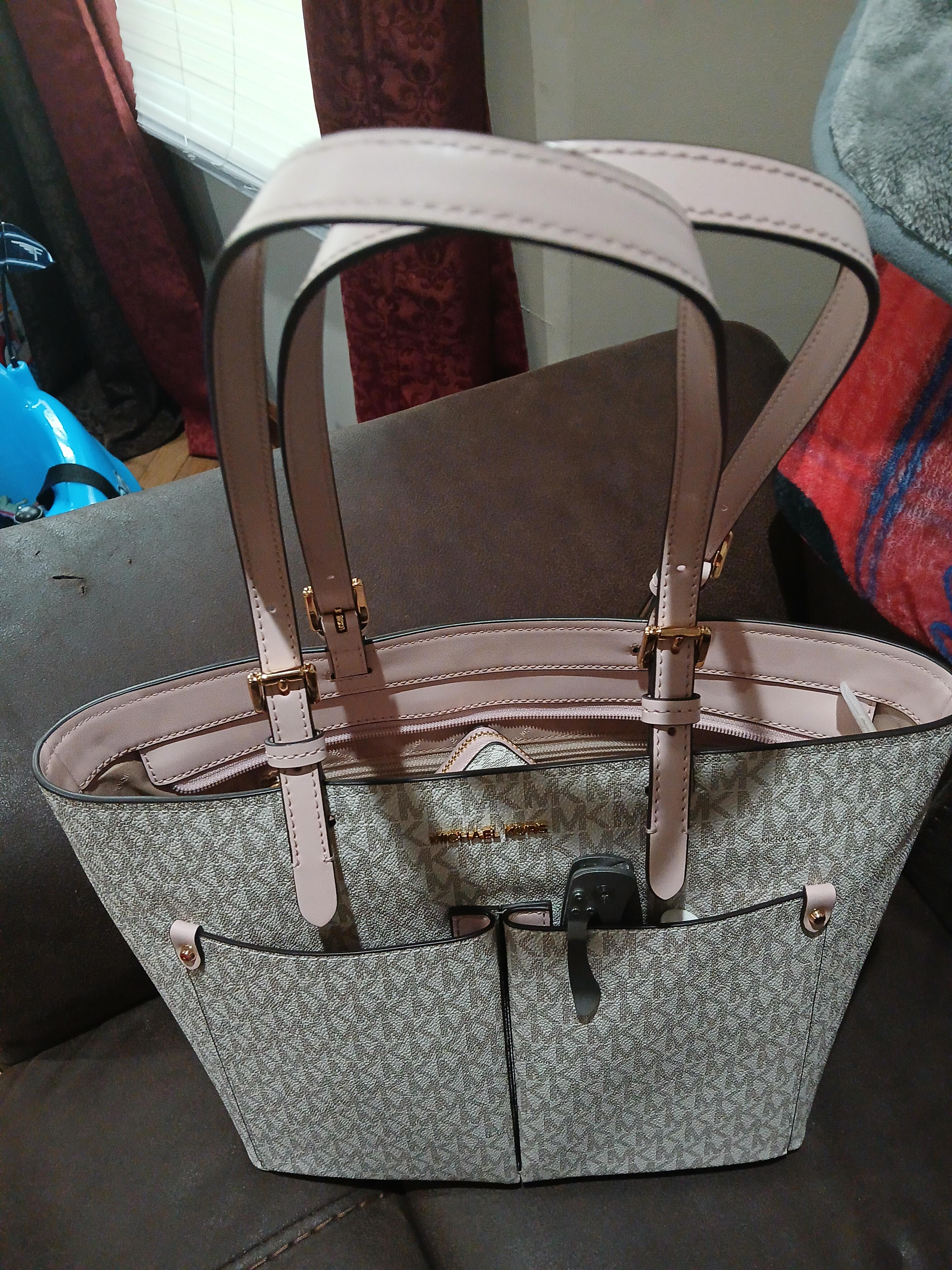 Customer photo for Michael Kors Jet Set Travel Medium Double Pocket Tote Vanilla MK Blush Pink
