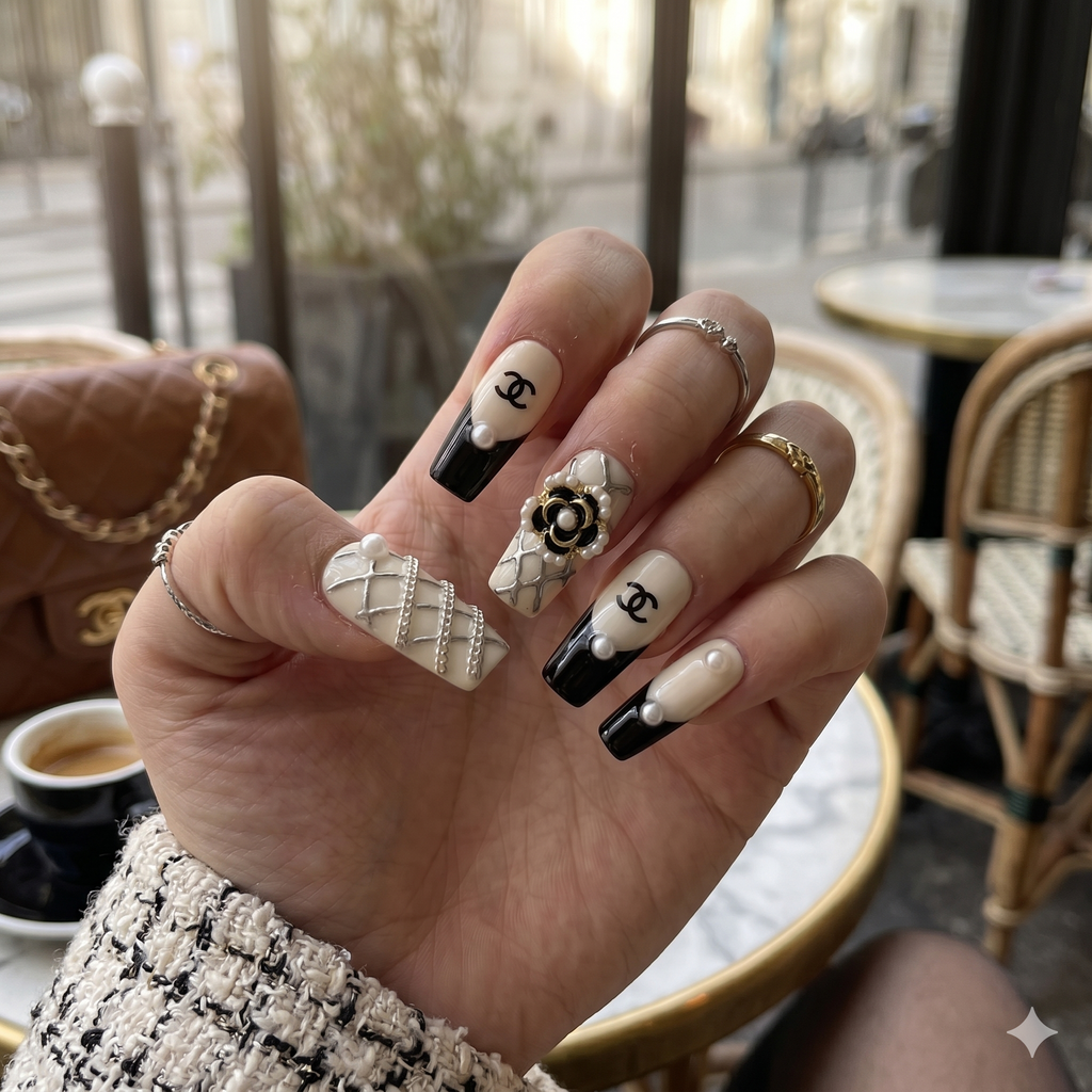 Luxe Camellia – Quiet Luxury Black & White Coffin Press-On Nails