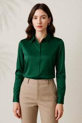 Emerald Green Satin Shirt for Women | Full Sleeve Classic