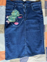 Floral Muse Hand-Painted Denim Skirt Knee Length