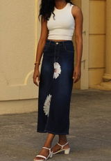 Daisy Dream Denim Front Cut Skirt Hand Painted