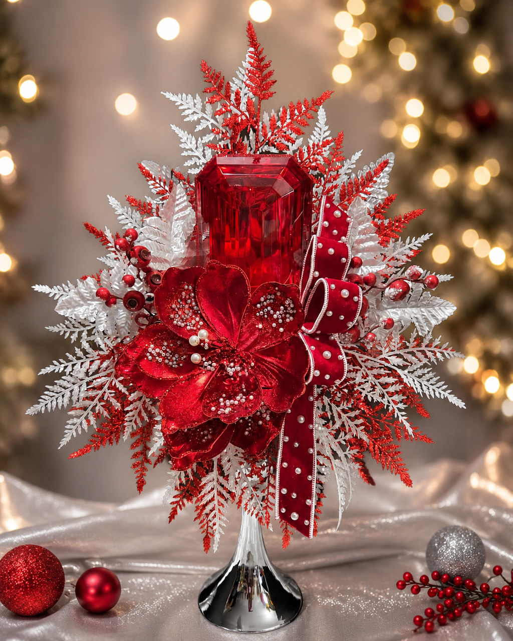 Red Velvet & Pearl Wired Ribbon - 1.5"