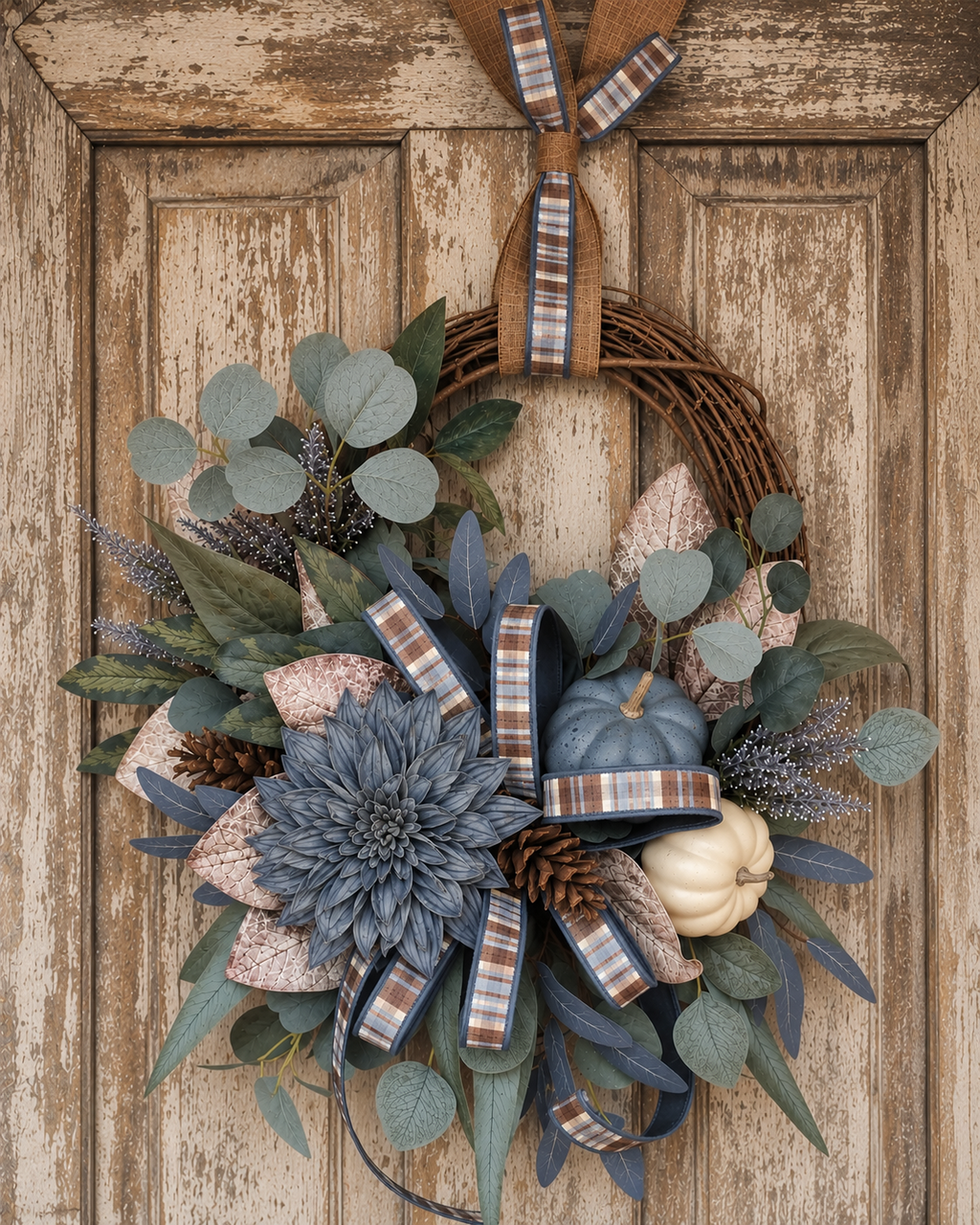 Farrisilk Steel Blue & Chocolate Christmas Plaid Wired Ribbon - 1"