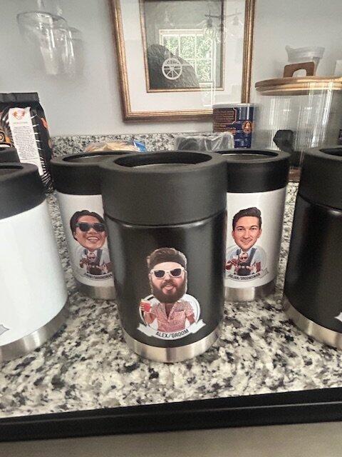 Customer photo of Custom Caricature Can Cooler personalized groomsmen koozies on a kitchen counter, shared in a five star review by Alex A. for Groovy Groomsmen.
