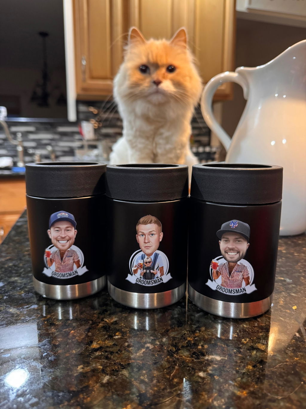 Customer photo of three Custom Caricature Can Cooler personalized groomsmen gifts on a kitchen counter, shared in a five star review by John D. for Groovy Groomsmen.