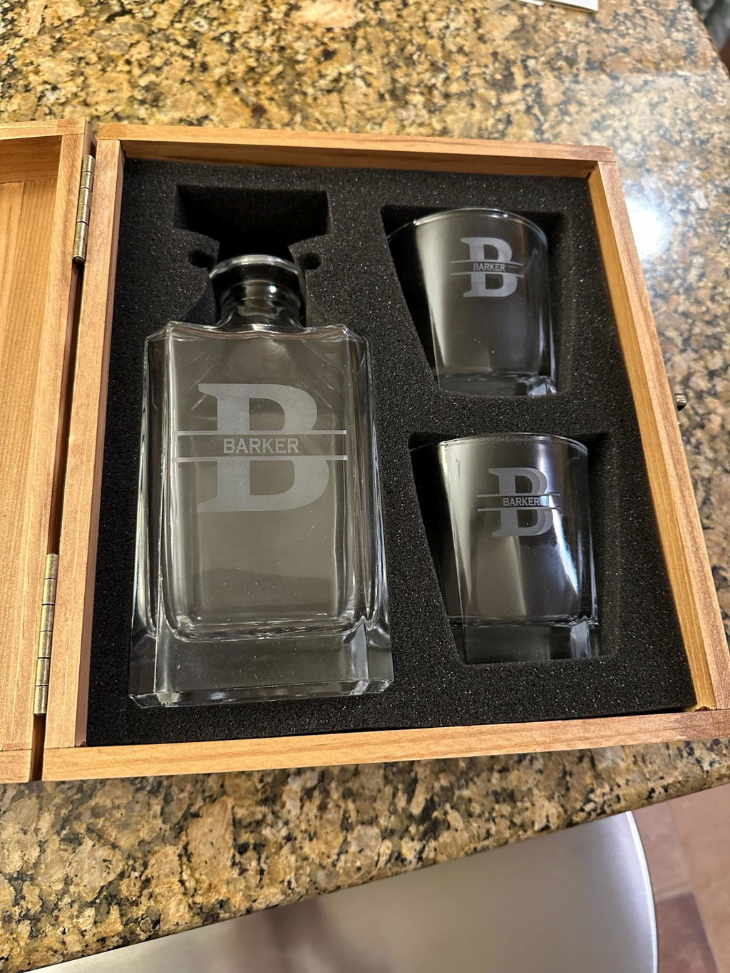 Customer photo of the Heritage Reserve Personalized Decanter Box Set personalized gift from Groovy Guy Gifts, shared in a five star review by Randi H.