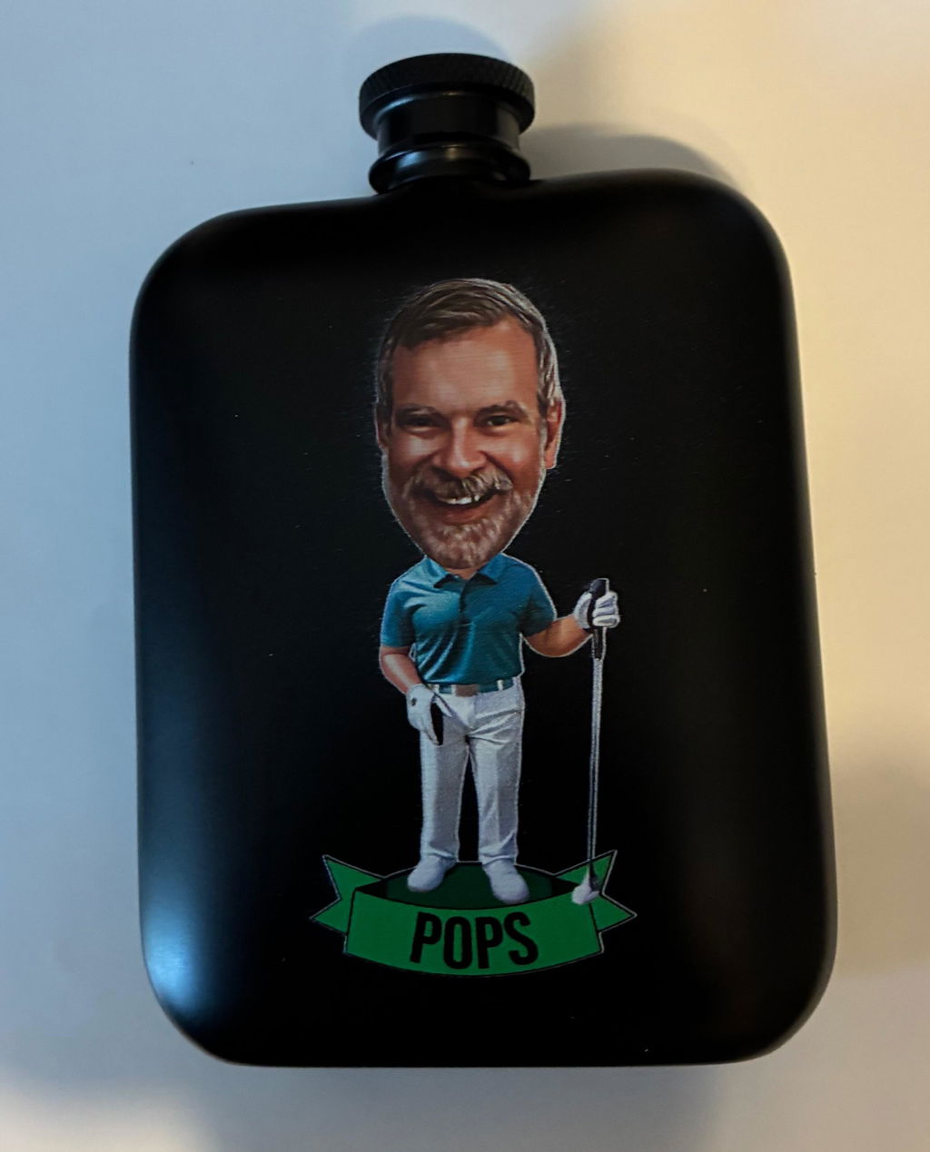 Customer photo of the Fairway Face Flask personalized gift from Groovy Guy Gifts, shared in a five star review by Michael S.