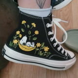 Snoopy Banana Embroidered Converse, Custom Sleeping Snoopy Hand Embroidery Sneakers