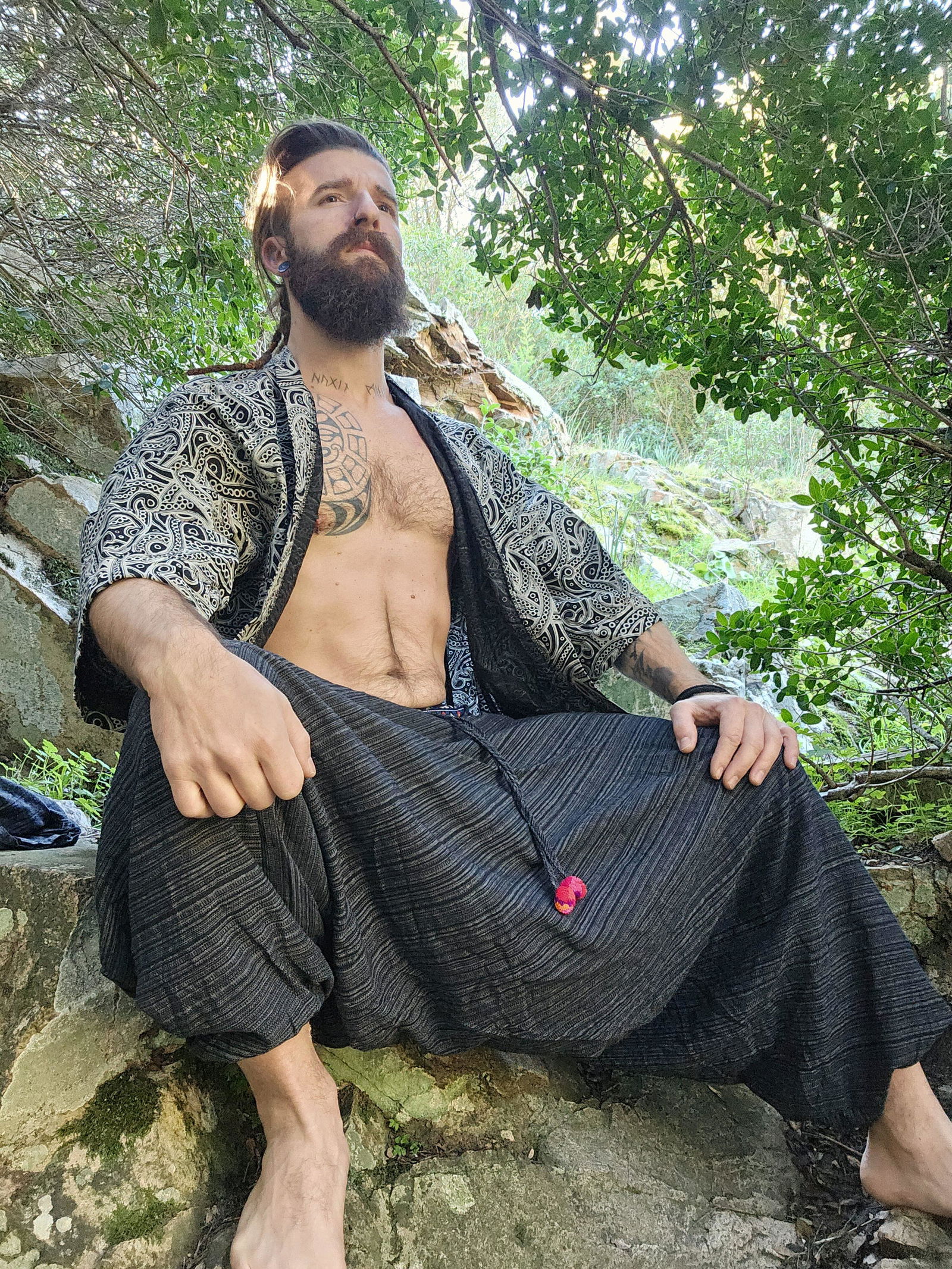 Men's Thai Button Up Cotton Pants with Hill Tribe Trim Black