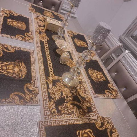 Black Tapestry Table Runner with Gold Baroque Scrollwork | Luxury Home Decor