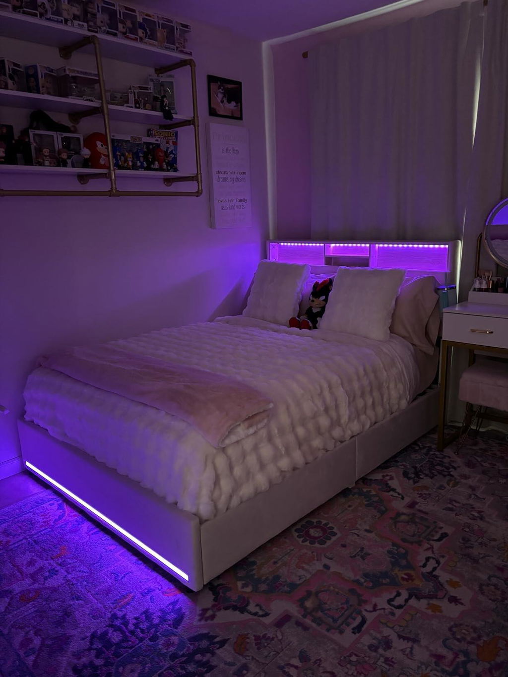 HAUOMS Queen Size Bed Frame with 4 Drawers and Hidden Storage Headboard Upholstered Platform Bed Frme with LED Lights and Charging Station