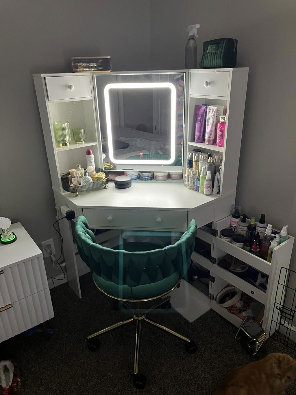 HAUOMS 42.5 Inch Vanity Desk with 3 Lights Mirror Storage Bench and Power Outlet Corner Vanities with Rotating Cabinet and Drawers