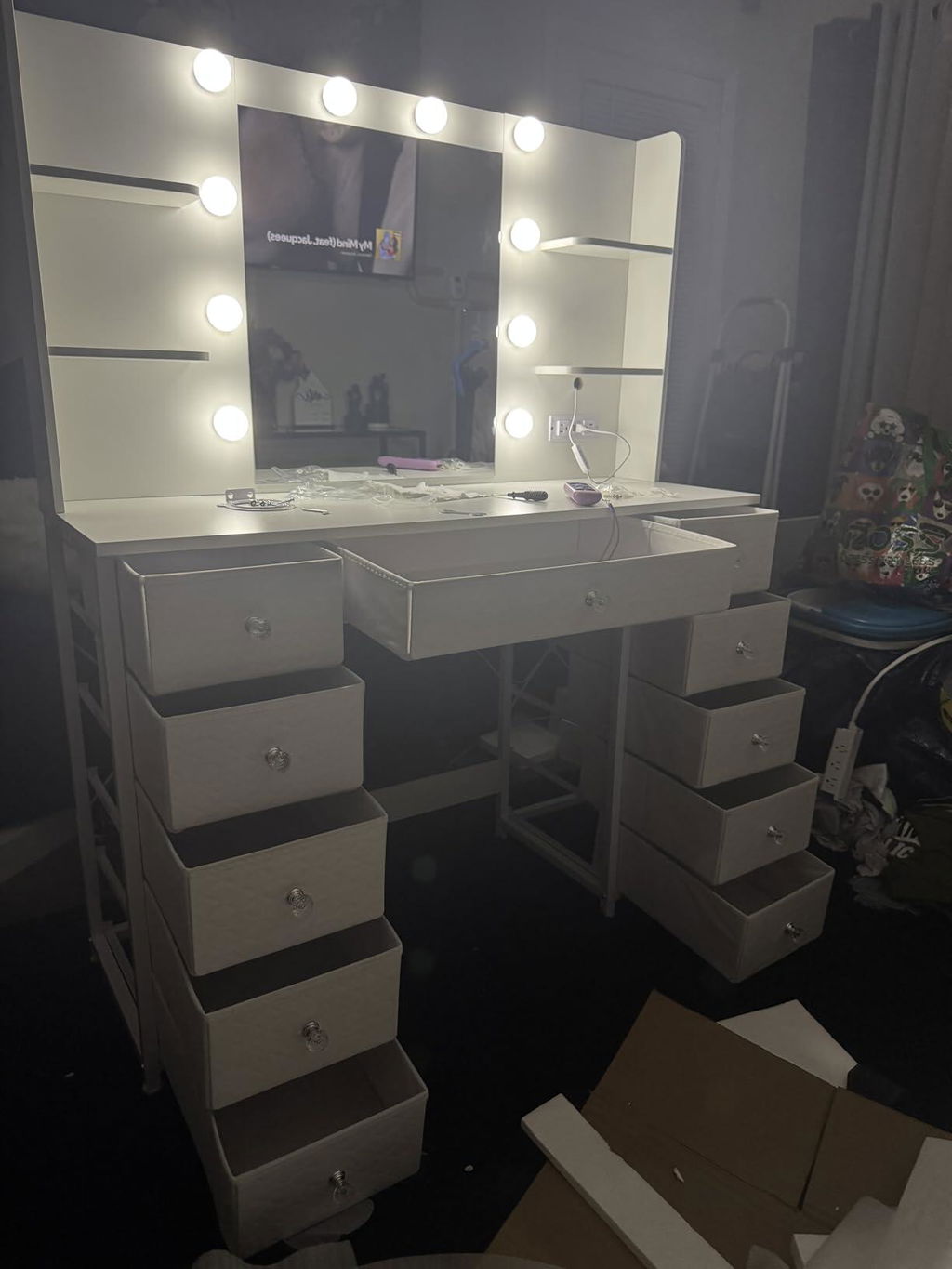 HAUOMS 43.3 Inch Vanity with Lights and Mirror 11 Drawer and 6 Open Shelves Makeup Vanity with Power Strip for Bedroom