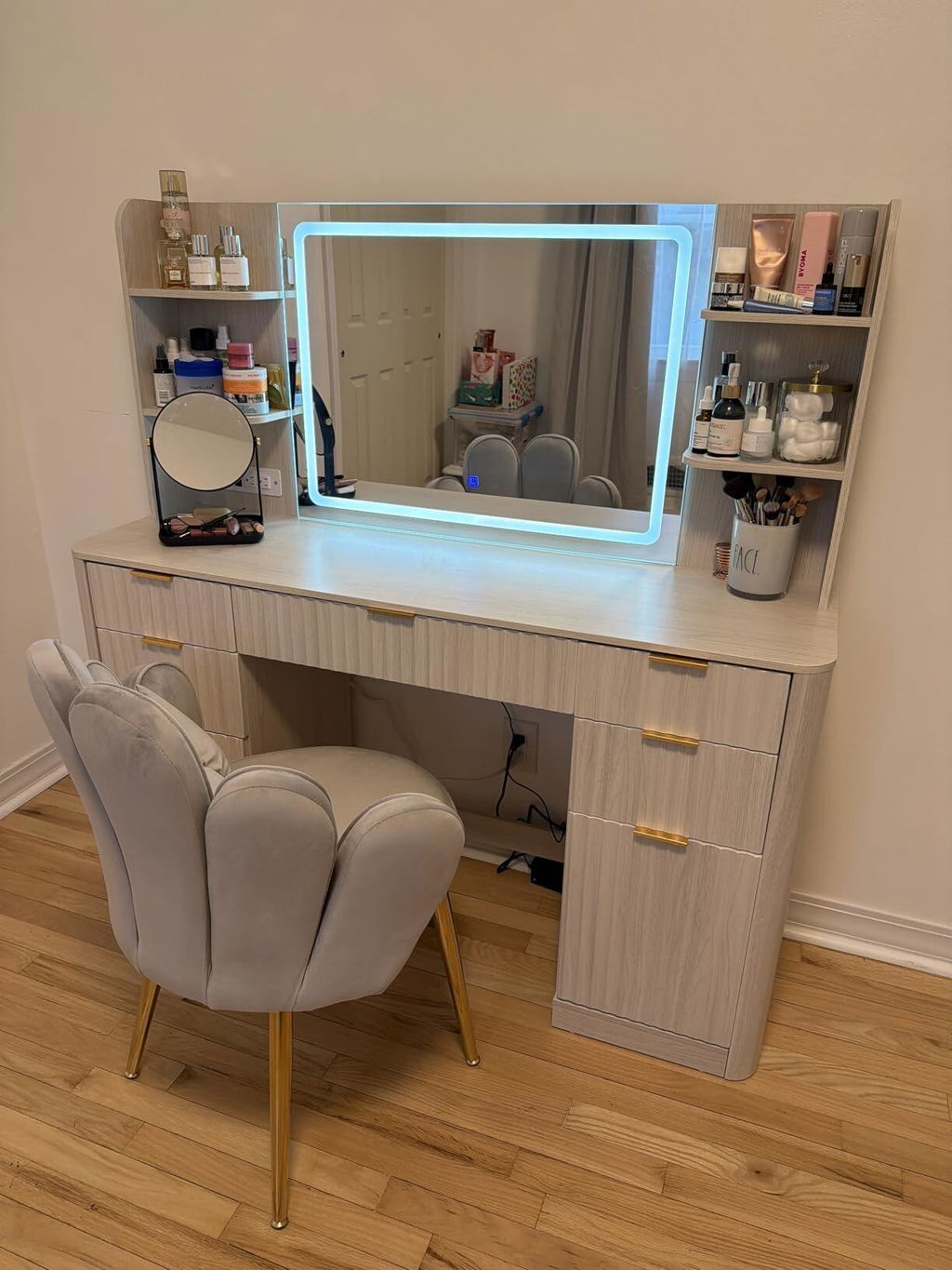 HAUOMS 51.2 Inch Makeup Vanity Desk with Mirror and Lights 5 Drawer Fluted Vanity with Power Strip 6 Shelves and 2 Cabinet