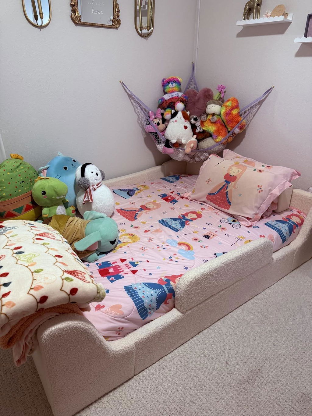 HAUOMS Full Floor Bed with Slats and High Rails 2-in-1 Convertible Beds with Upholstered Teddy Boucle Curve Round Frame for Girls and Boys