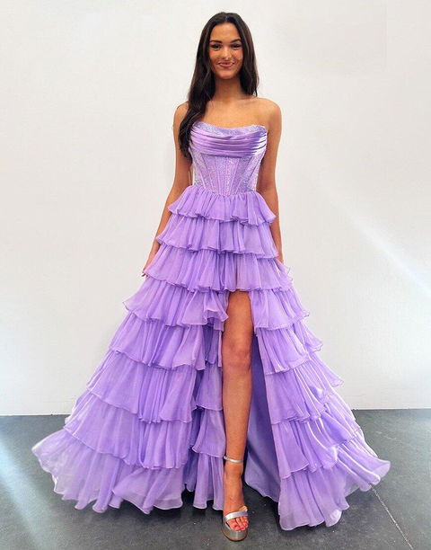 Sparkly A-Line Long Prom Dresses Strapless Corset Ruffles Evening Gowns HE017