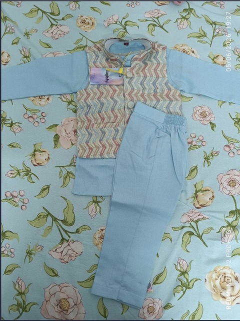 Cool Zigzag Blue Printed Kurta Koty Set for Boys