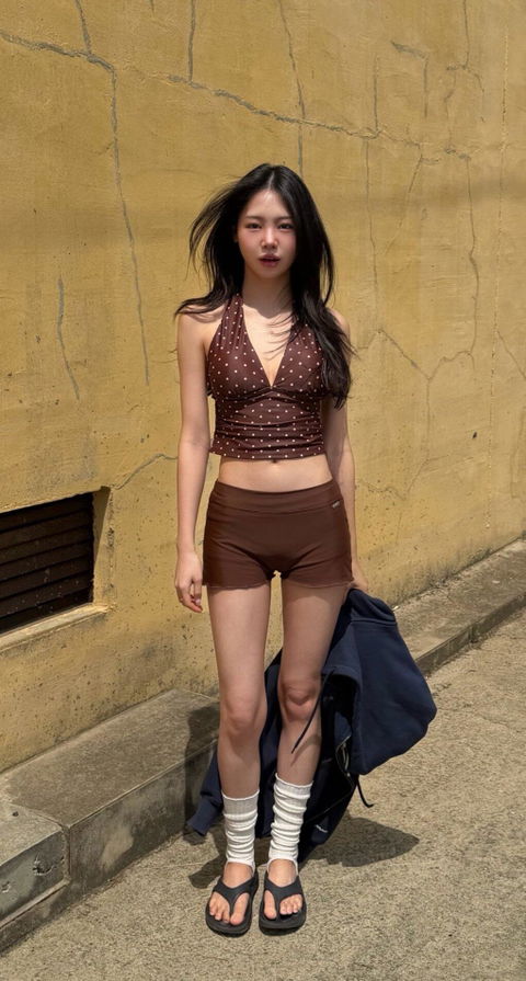 Polkadot Halter Tankini top Cocoa brown with Pink dots