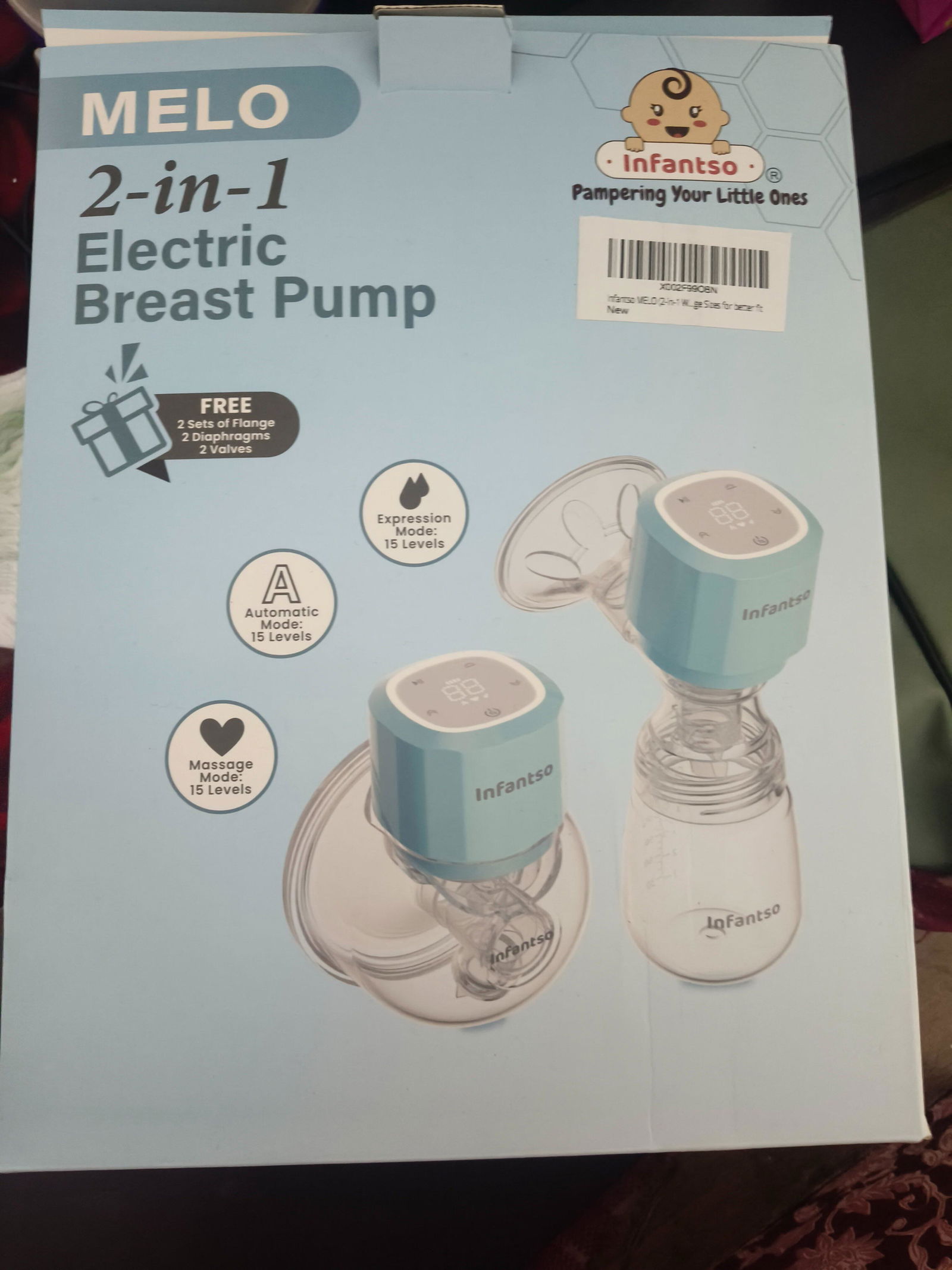 Infantso MELO 2-in-1 Wearable Electric Breast Pump, 3 Pumping Modes, 9 Suction Levels, LED Display, Rechargeable Cordless Design & Multiple Flange Sizes