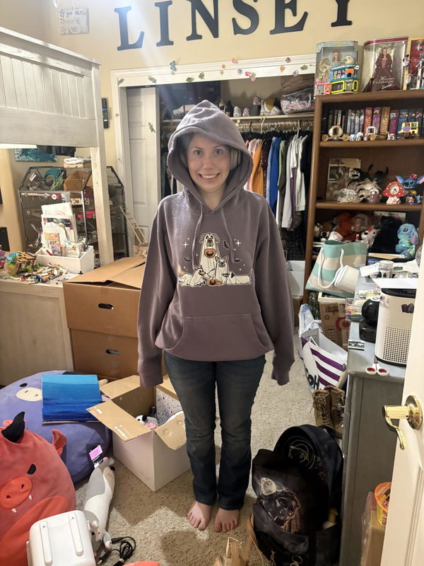 Customer photo: Vibrant Ghost Pups - Unisex Pigment Dyed Hoodie