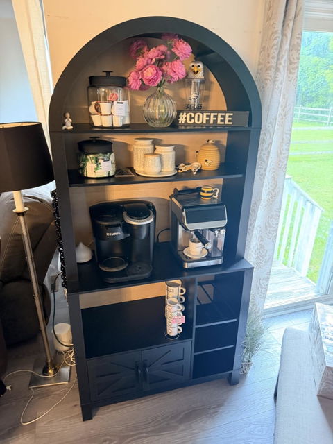 Itaar | 73 Inch Tall Arched Bakers Rack with Power Outlet and LED Light Farmhouse Coffee Bar Cabinet Kitchen Microwave Stand with Storage