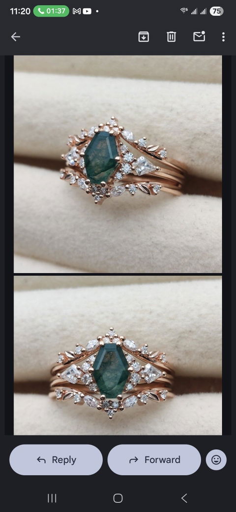 Unique Kite Cut Moss Agate Leafy Engagement Ring Set Enhancer
