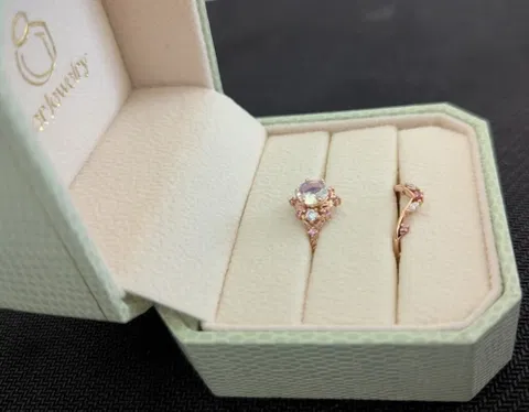 Nature Inspired Round Moonstone and Moissanite Ring Set 2pcs