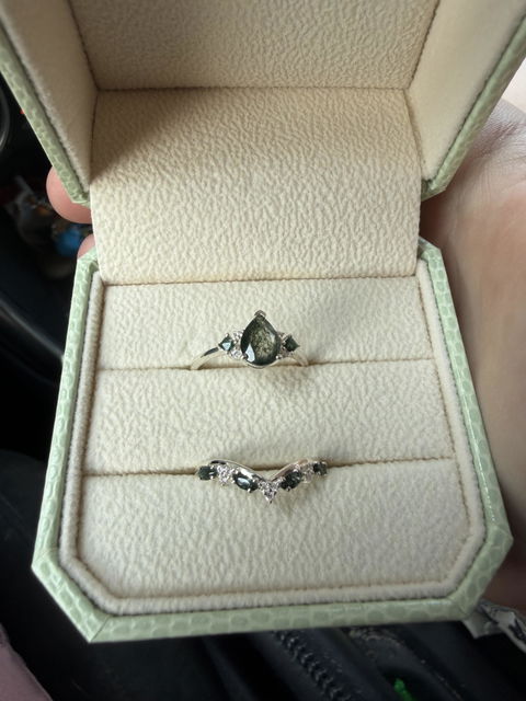 Cluster Pear Cut Moss Agate Seven Stones Silver Ring Set 2pcs