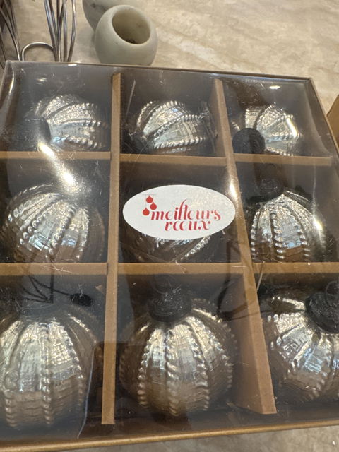 3in Round Silver Beaded Glass Ornament Ball, Set of 9