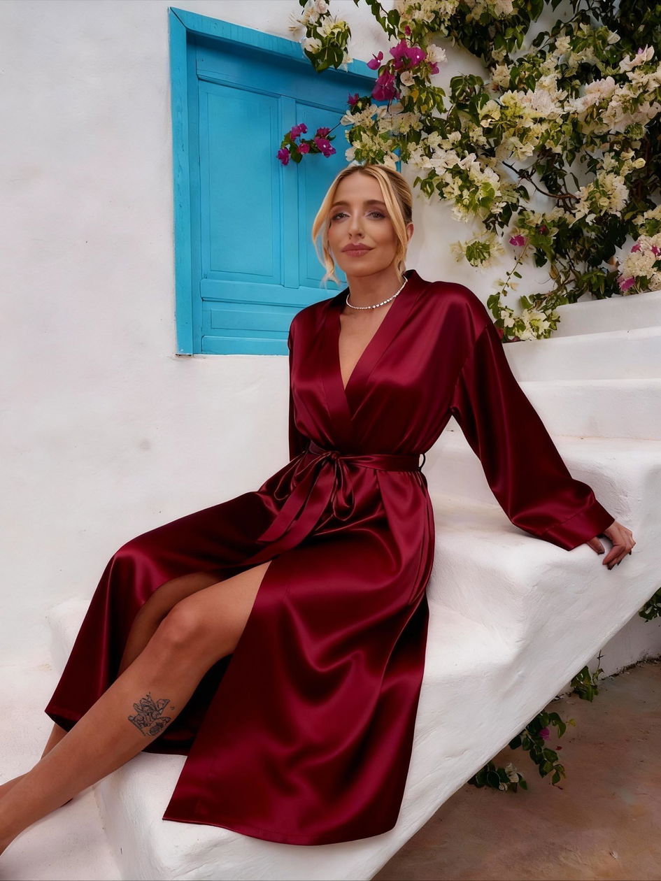 burgundy silk dressing gown Women's Long Robe – Red Mulberry Silk Rose gold Sparkle Dress YGroup_millie_patchwork_maxi_dress Size:XS - (6 AU) CL136748037