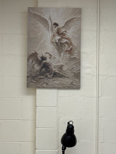 Customer photo of Michael Victorious, Cream Impasto, on a white brick office wall