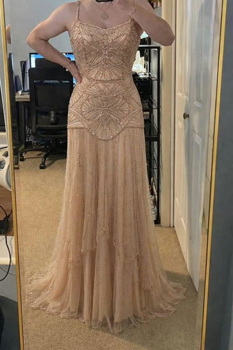 Elegant Beaded Evening Gown with Ruffled Hem and Intricate Detailing SS552