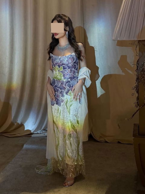 Elegant Purple Green Beaded Sequin with Detachable Cape Floral Embroidered Evening Dress SS511